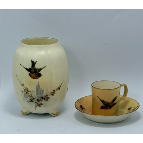 Royal Worcester bird painted vase, cup and saucer