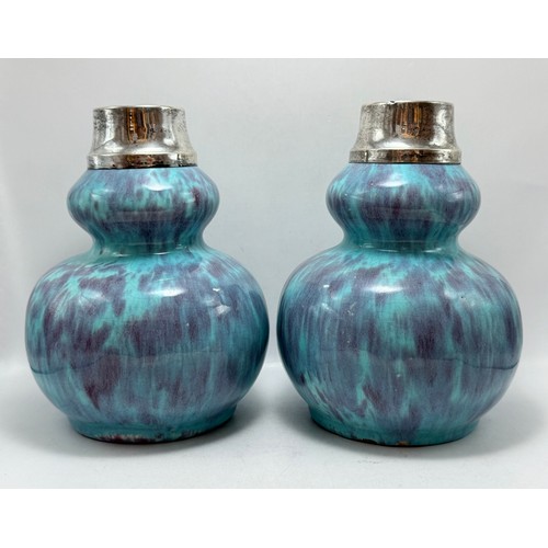  A Pair of Vintage Silver collared Art Studio Pottery Gourd Vases in Turquoise H17.2cm
