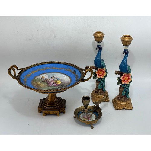 115 - Gilt Bronze-Mounted serves Bleu celeste porcelain tazza D25, candlestick holder plus a paid of Peaco... 