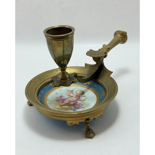 115 - Gilt Bronze-Mounted serves Bleu celeste porcelain tazza D25, candlestick holder plus a paid of Peaco... 