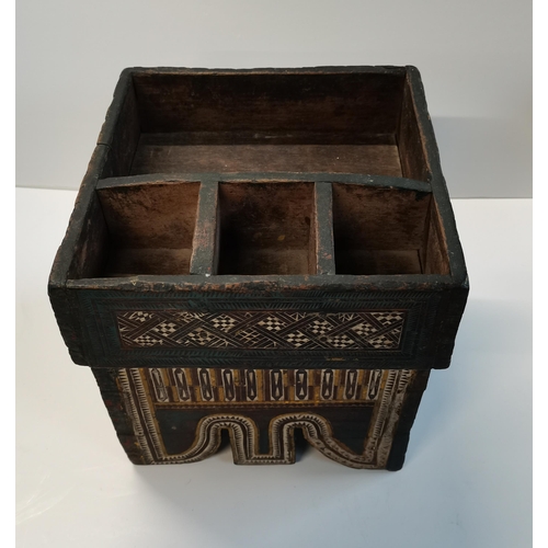  Antique Southeast Asian betel nut box with intricate geometric carved and incised decorations  24cm ... 
