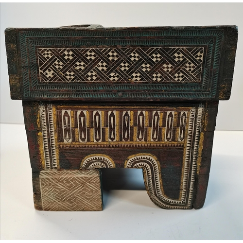  Antique Southeast Asian betel nut box with intricate geometric carved and incised decorations  24cm ... 