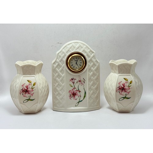 126 - Belleek Mantel clock and vases - Pink Tiger Lilly and Trellis pattern.