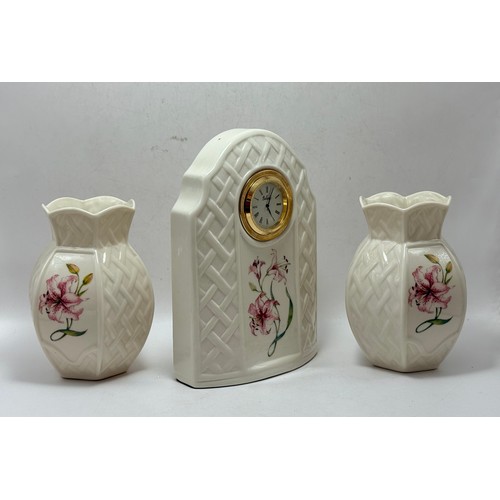 126 - Belleek Mantel clock and vases - Pink Tiger Lilly and Trellis pattern.