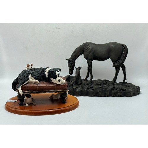 131 - Two Figurines with Boxes, A Border Fine Arts Collie dog sleeping on stool plus Bronze Effect Heredit... 