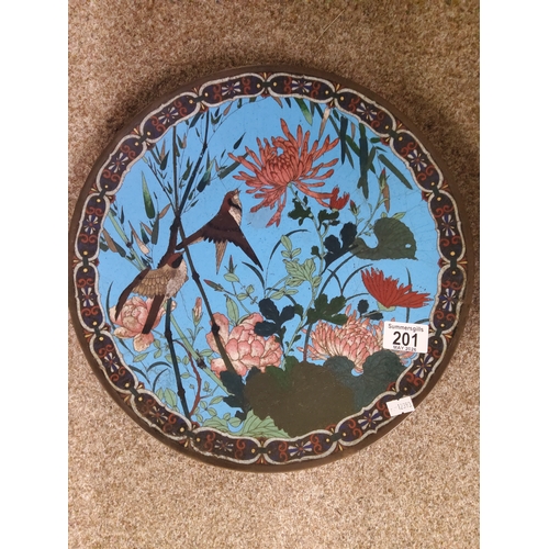 201 - A large cloisonné charger light blue background with hand painted birds and flowers