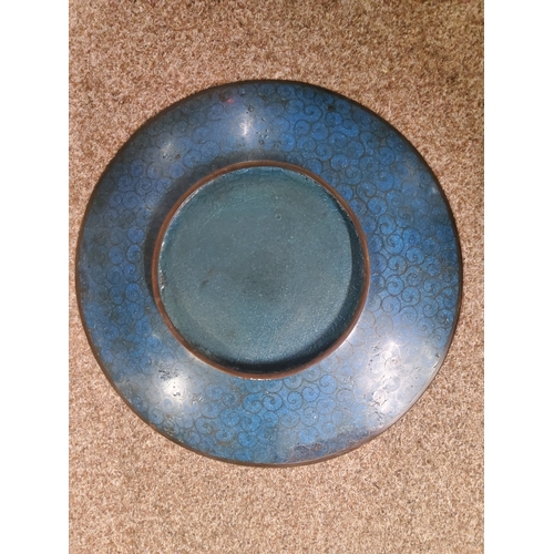 201 - A large cloisonné charger light blue background with hand painted birds and flowers