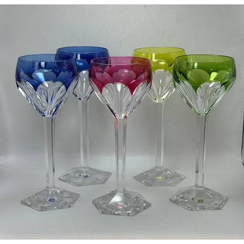 266 - A collection of five Val Saint Lambert coloured wine glasses plus five coloured cut crystal sherry g... 