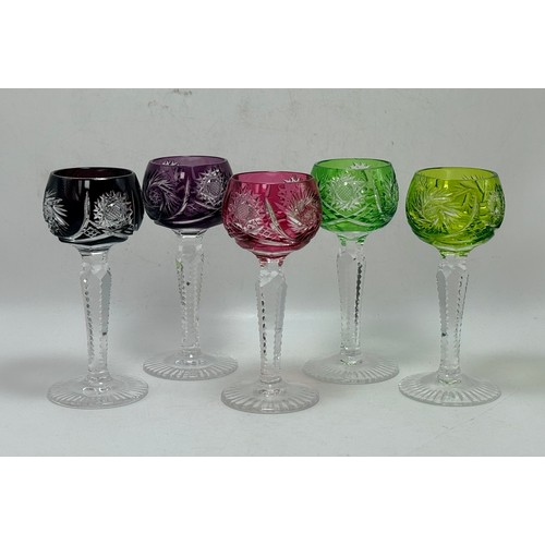 266 - A collection of five Val Saint Lambert coloured wine glasses plus five coloured cut crystal sherry g... 