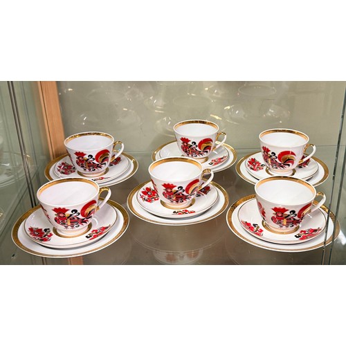  A set of six Lomonosov Porcelain Red Rooster cups, Saucers and side plates