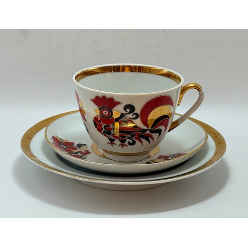  A set of six Lomonosov Porcelain Red Rooster cups, Saucers and side plates