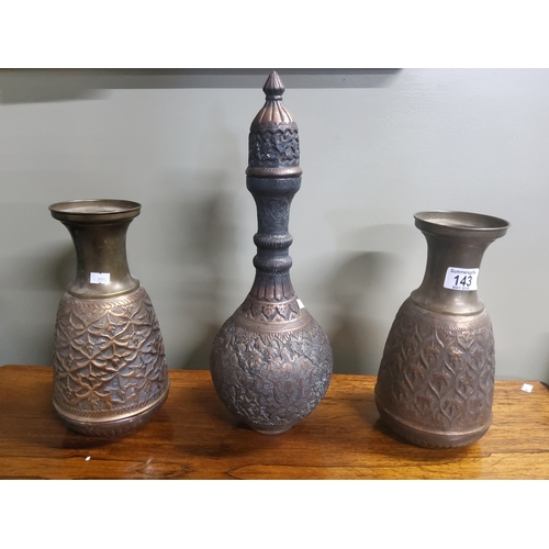 143 - Vintage Middle Eastern copper and brass bottle and two vases H45cm and 28cm