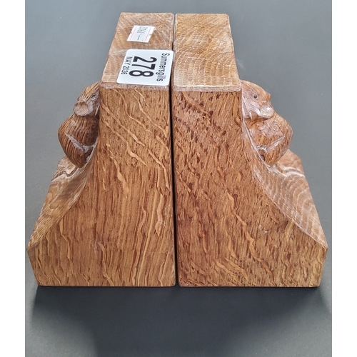 278 - A Pair of Robert Thompson 'Mouseman' carved Yorkshire Oak Bookends with signature carved mouse to bo... 