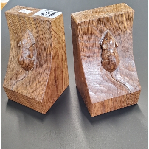 278 - A Pair of Robert Thompson 'Mouseman' carved Yorkshire Oak Bookends with signature carved mouse to bo... 