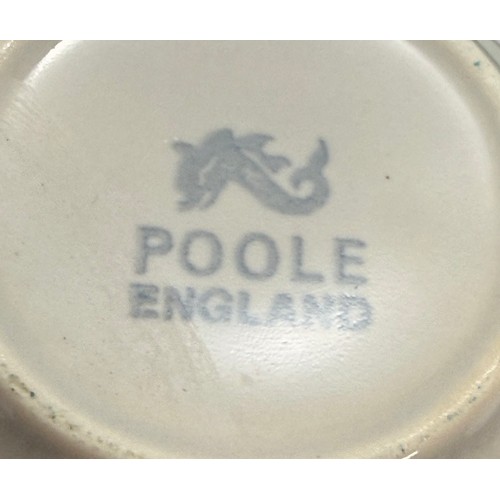 386 - Poole Pottery tea set in twintone Ice Green and Seagull consisting of a teapot, milk jug and sugar p... 