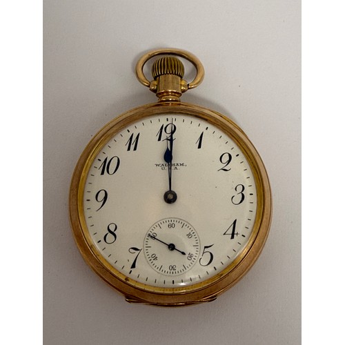 552 - A 9 carat gold open-face pocket watch, the white enamel dial signed WALTHAM U.S.A., with Arabic nume... 