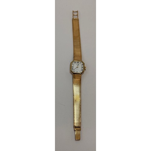 553 - A lady's 9 carat gold mesh bracelet watch, the white octagonal dial signed ROTARY QUARTZ, with black... 