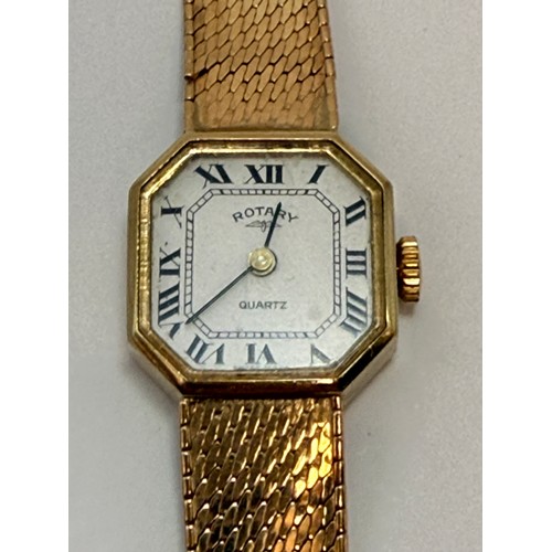 553 - A lady's 9 carat gold mesh bracelet watch, the white octagonal dial signed ROTARY QUARTZ, with black... 