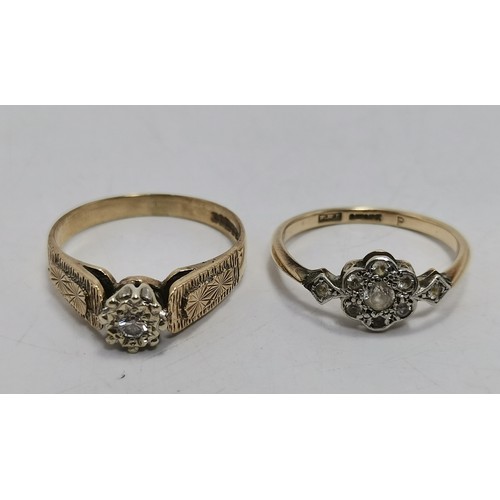  Two 9 carat gold white stone rings, the first a flowerhead cluster of graduated round stones in a ra... 