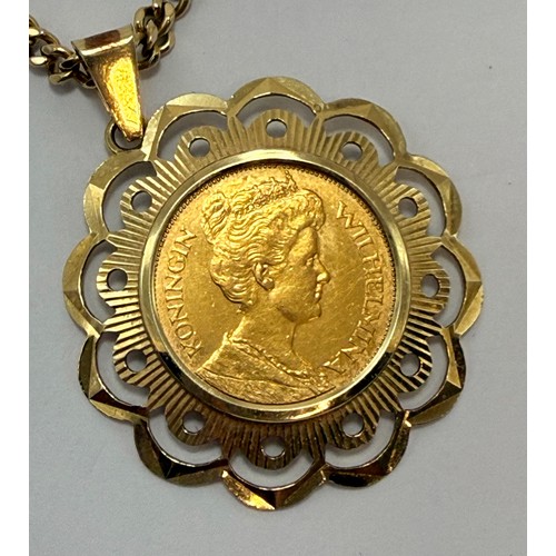 570 - A Dutch 1912 Koningin (Queen) Wilhemina 5 Gulden coin pendant, loose-mounted to a scalloped and pier... 