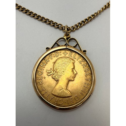  An Elizabeth II sovereign, 1958, loose-mounted to a 9 carat gold pendant mount hallmarked London 9.3... 
