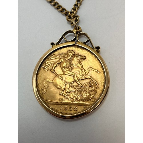  An Elizabeth II sovereign, 1958, loose-mounted to a 9 carat gold pendant mount hallmarked London 9.3... 
