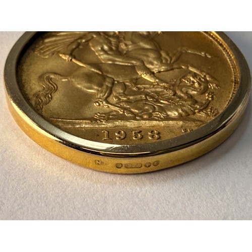  An Elizabeth II sovereign, 1958, loose-mounted to a 9 carat gold pendant mount hallmarked London 9.3... 