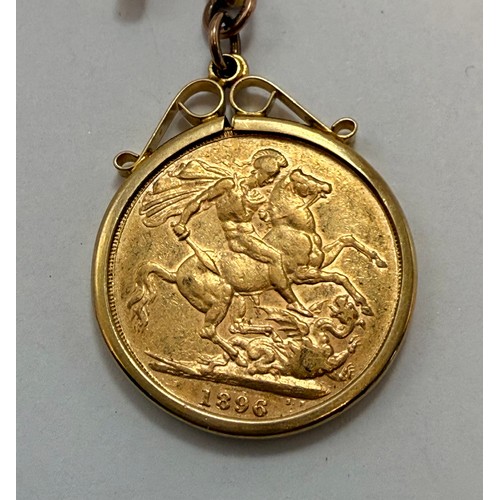  A Victoria sovereign, 1896, to a 9 carat pendant loose-mount, hallmarked London 1972, hung from a 9 ... 