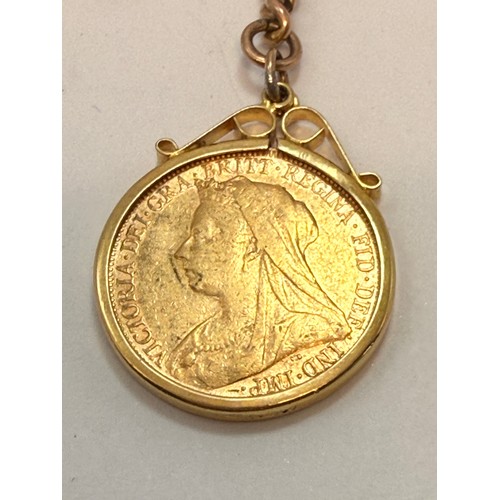  A Victoria sovereign, 1896, to a 9 carat pendant loose-mount, hallmarked London 1972, hung from a 9 ... 
