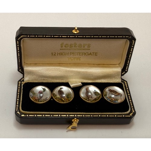 598 - A pair of 18 carat gold rock crystal reverse painted intaglio game bird double cufflinks by Deakin &... 