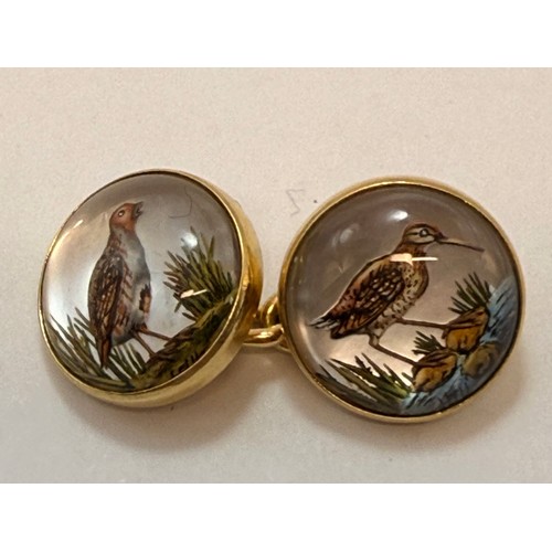 598 - A pair of 18 carat gold rock crystal reverse painted intaglio game bird double cufflinks by Deakin &... 