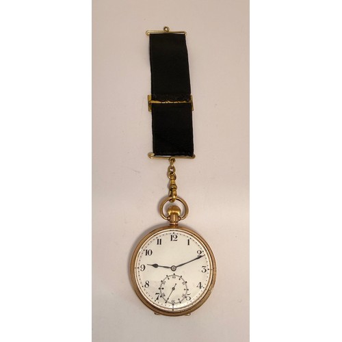 603 - A gold-plated open-face pocket watch, the white enamel dial unsigned, with Arabic numerals and blued... 