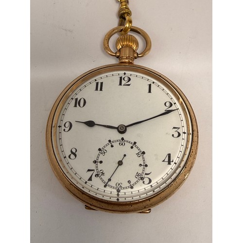 603 - A gold-plated open-face pocket watch, the white enamel dial unsigned, with Arabic numerals and blued... 