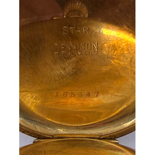 603 - A gold-plated open-face pocket watch, the white enamel dial unsigned, with Arabic numerals and blued... 