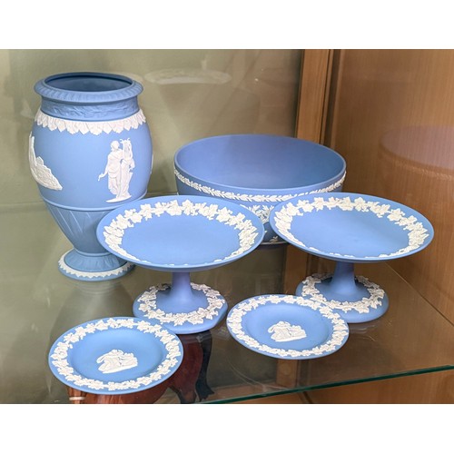 162 - A Collection of Six Blue Jasperware Wedgwood items including Bowl, Vase