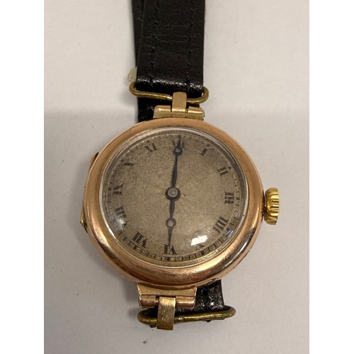  Two 9 carat gold-cased lady's leather strap wristwatches, the first with silvered circular dial sign... 