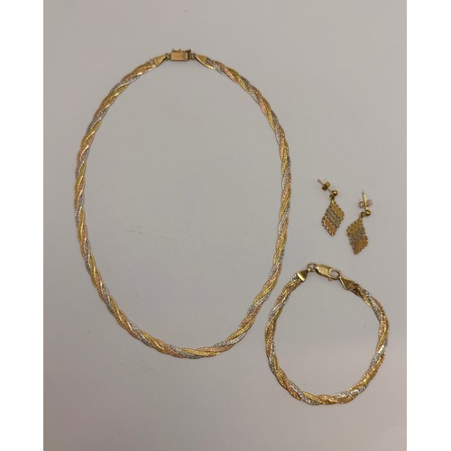  An Italian tri-coloured gold jewellery suite comprising a flat link braided necklace and bracelet, t... 