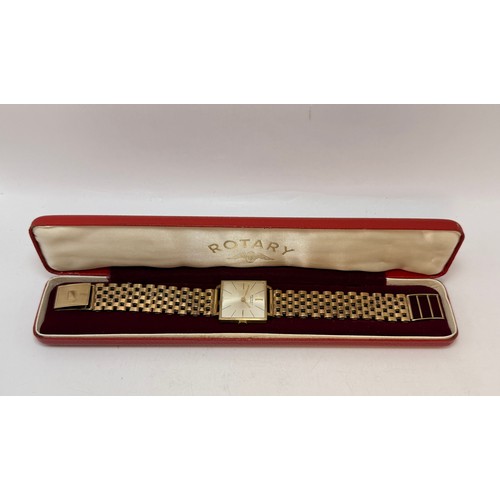  A 9 carat gold bracelet strap wristwatch, the silvered square dial signed ROTARY MAXIMUS, with gilt ... 