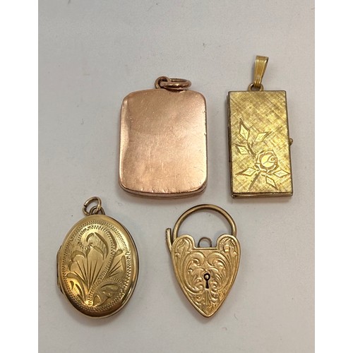  Three assorted double photograph locket pendants comprising a 9 carat rose gold locket, plain rounde... 