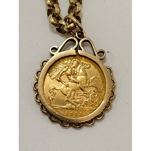 634 - A George V half sovereign, 1915, to a 9 carat gold loose pendant mount hallmarked London 1971, on a ... 