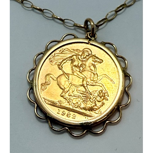  An Elizabeth II sovereign, 1982, loose-mounted to a 9 carat gold pendant mount hallmarked Birmingham... 
