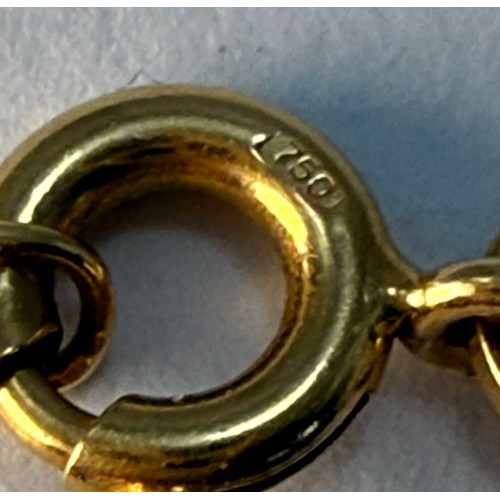 640 - A pearl pendant with textured and pierced conical gold mount to a fine flat s-link chain, both stamp... 