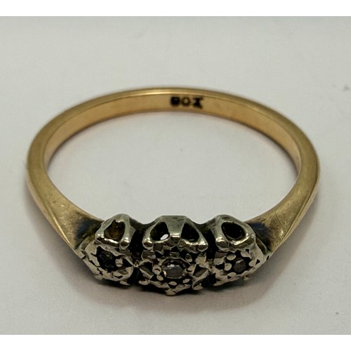 642 - A 9 carat gold wedding band, hallmarked Birmingham 1988, ring size S1/2; together with a three-stone... 
