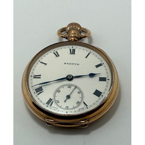  A 9 carat gold open-face keyless pocket watch, the white enamel dial signed STAYTE, with Roman numer... 