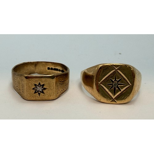  A gent's 9 carat gold solitaire signet ring, the cushion-shaped matrix gypsy-set with a small diamon... 