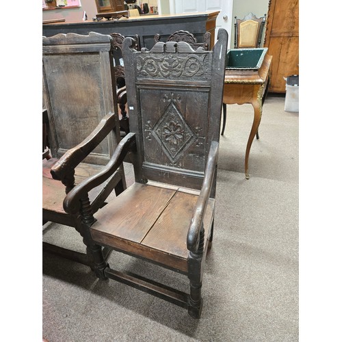 808 - Antique 17th Century Jacobean Hand Carved English Oak Armchair