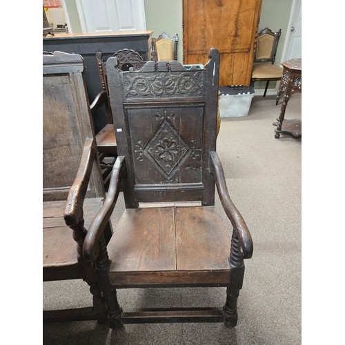 808 - Antique 17th Century Jacobean Hand Carved English Oak Armchair