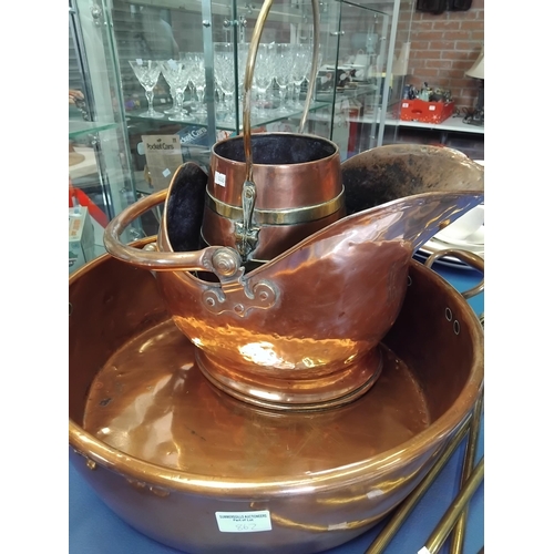x8 copper and brass items incl Large Copper preserving pan, coal ...