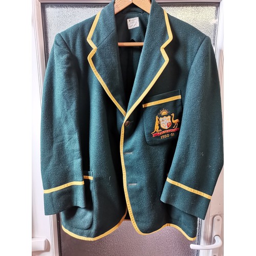 Australian Test Cricket interest: An Australian cricket blazer, green wool with gold ribbon edging, embroidered date 1950-51 to breast pocket crest, inscribed name 'S. LOXTON' in pen to the Farmer's Sydney neck label. Approx. 50cm chest, flat.

Footnote: Samuel (Sam) John Everett Loxton OBE (1921-2011) was an Australian cricketer, footballer and politician. Loxton was dropped from the national team after the 1950-51 Ashes Series, but continued to play for his state, Victoria, retiring in 1958.