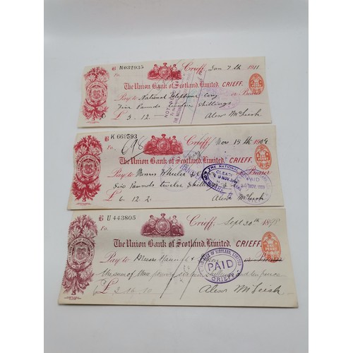 686 - Six assorted 'PAID' bank cheques, late 19th/early 20th Century (ranging 1898-1911), comprising three... 
